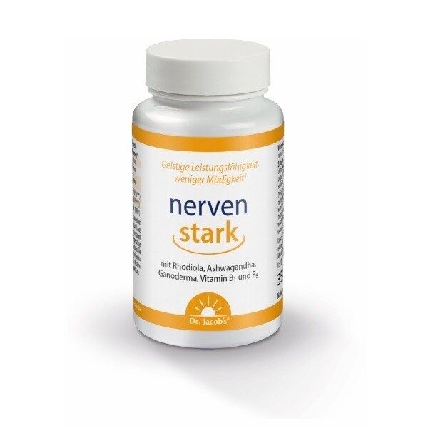 Nervenstark - Obsahuje extrakty z rhodioly, reishi a aschwagandhy, vitamín B5 pre duševný výkon a redukciu únavy, vitamín B1 pre nervový systém.