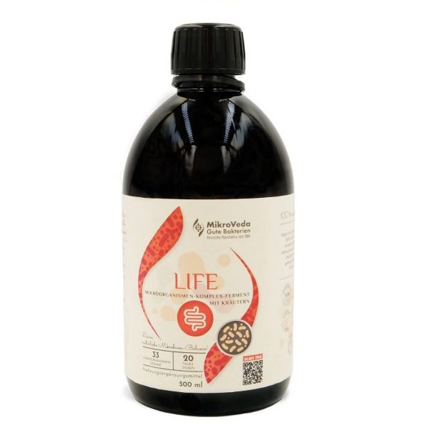 MikroVeda Life ako cenný organický enzýmový nápoj s 33 kmeňmi mikroorganizmov a fermentovanými bylinami a rastlinnými extraktmi.