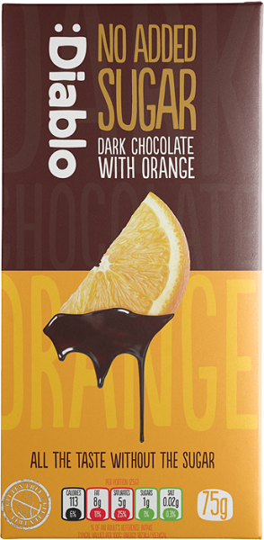 Čokoláda horká bez pridaného cukru s lyofilizovaným pomarančom.