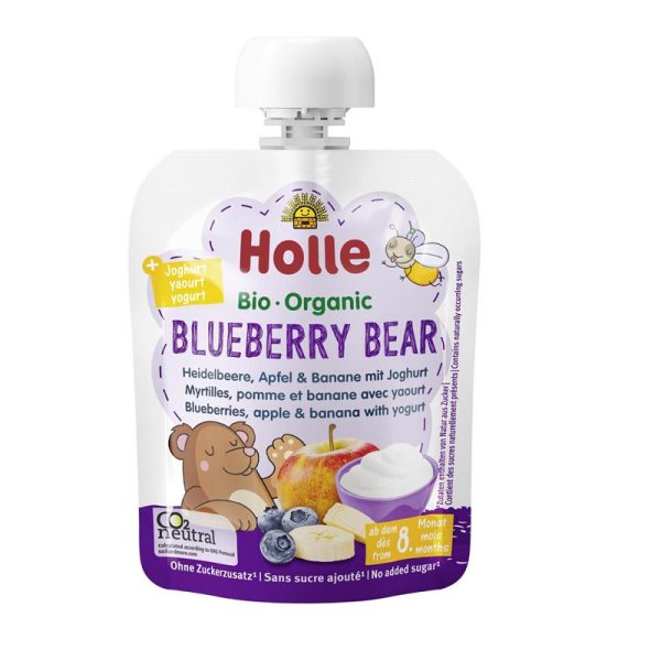 Holle Detské bio pyré čučoriedka, jablko a banán s jogurtom Blueberry Bear(8 m+)