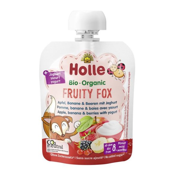Holle Detské bio pyré jablko, banán a bobuľové ovocie s jogurtom Fruity Fox -Ovocná líška  od 8mesiaca veku dieťaťa.