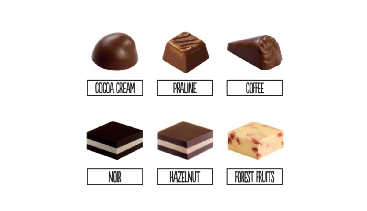 Jemná čokoládová bonboniéra bez pridaného cukru, obsahuje 6 druhov bonbónov.