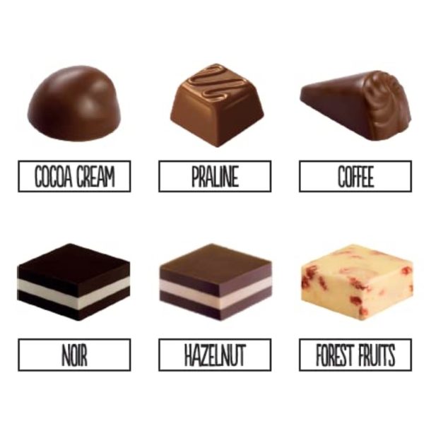 Jemná čokoládová bonboniéra bez pridaného cukru, obsahuje 6 druhov bonbónov.