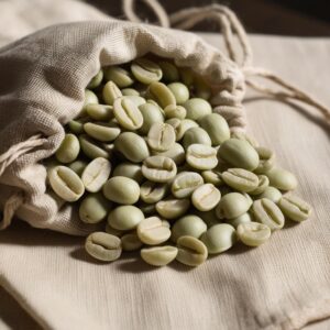 Fotka ľanového vrecka naplneného bledozelenými nepraženými kávovými zrnami.