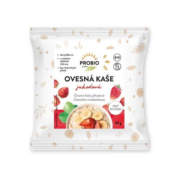 Sypká zmes na prípravu jednej porcie obilnej kaše bio ovsenej s príchuťou jahodovou.