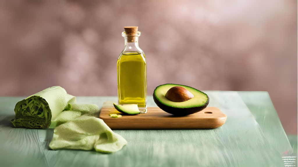 Na obrázku sa nachádza fľaška s avokádovým olejom, rozkrojené avokádo a zelená dekoračná látka, spolun položené na bambusovej doske na krájanie.