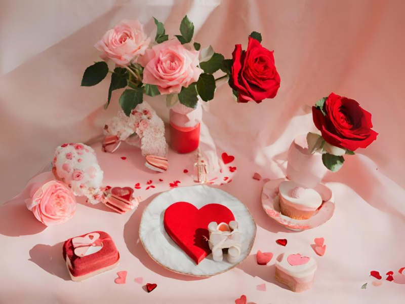 Banner k článku zeleného obchodíka - 7 tipov pre valentínske darčeky. (Na obrázku sú červené a ružové ruže, srdiečkový muffin, červená torta v tvare srdca a všetko na ružovom pozadí)