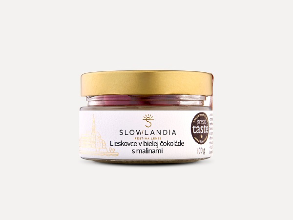 Slowlandia Lieskovce v bielej čokoláde s malinami 100 g