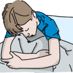 Ilustrácia chlapca v posteli, ktorému je zle.