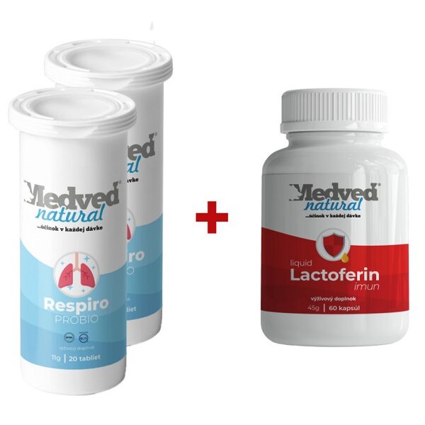 AKCIA Medveď natural 2x Respiro PROBIO 20 tabliet a 1x Lactoferin imun liquid 60 kapsúl