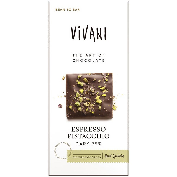 Vivani Horká čokoláda 75% pistácie a Espresso BIO 80 g