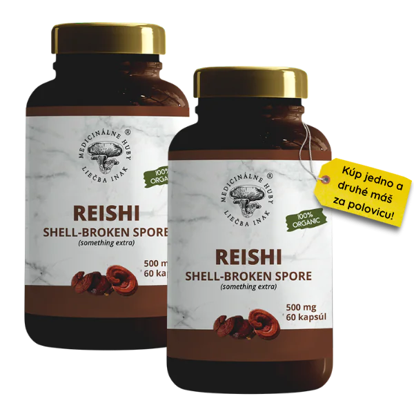 AKCIA Medicinálne huby 2x Reishi prášok zo spór druhý kus za polovicu 60 kapsúl